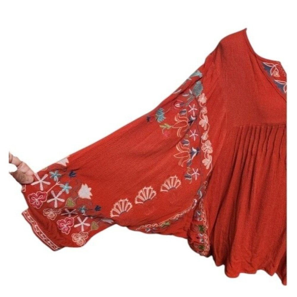 Three Bird Nest Embroidered Boho Peasant Blouse Size Small Oversized Flowy Rayon